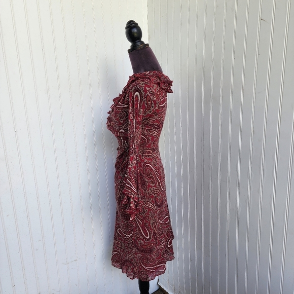Express Red Paisley 100% silk Ruffle neck Flounch Sleeves Cinch Waist Dress 1/ 2 - Picture 5 of 14